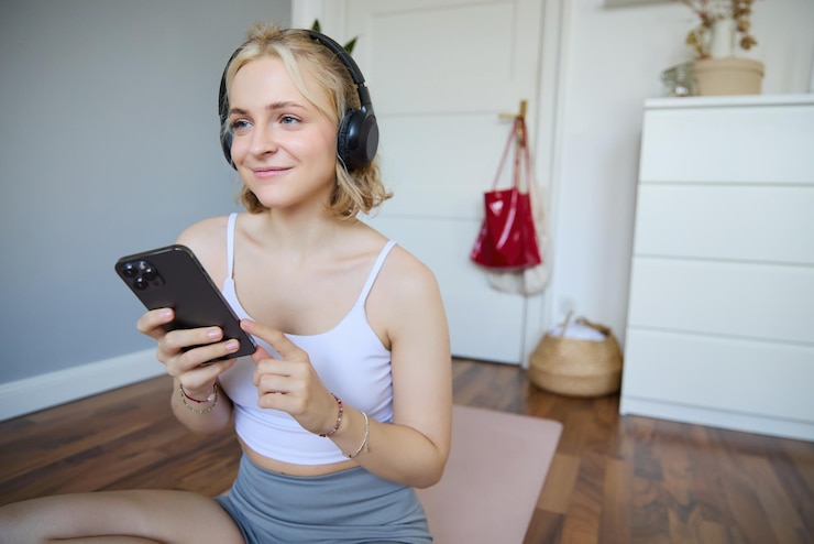 Foto grátis retrato de uma jovem loira com fones de ouvido ativando o aplicativo de treino de ioga no smartphone escolhendo música