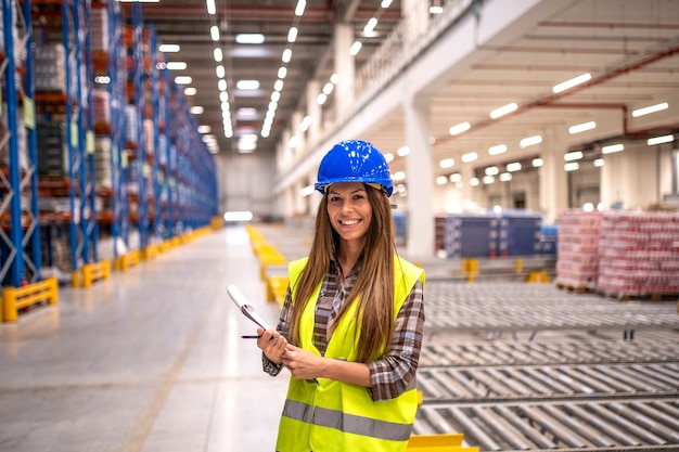 Retrato de uma linda mulher morena com capacete de segurança e jaqueta reflexiva segurando a lista de verificação na área de armazenamento do grande armazém