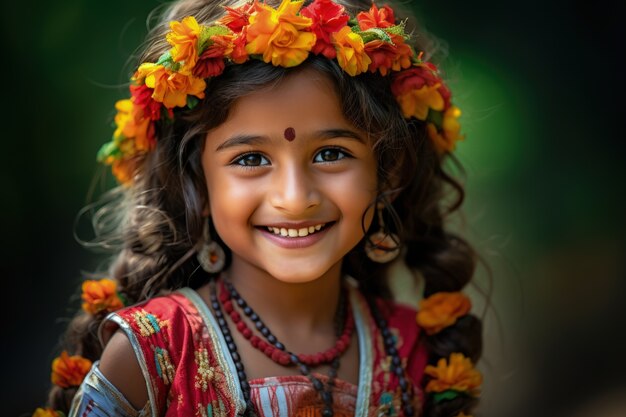 Retrato de uma menina com roupas tradicionais asiáticas