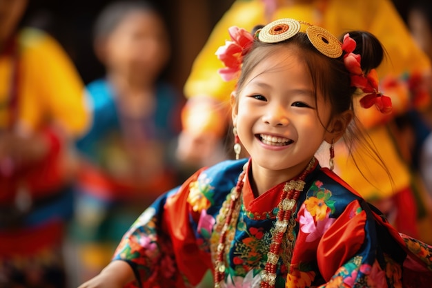 Retrato de uma menina com roupas tradicionais asiáticas