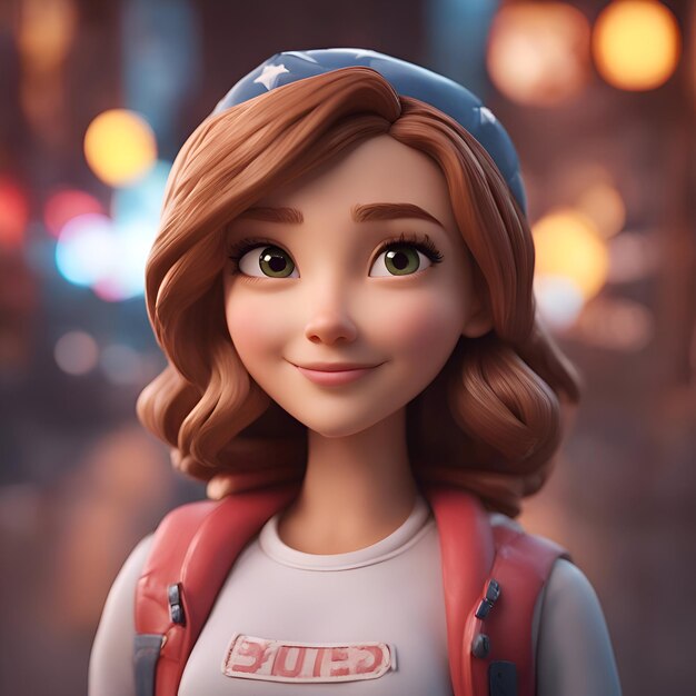 Retrato de uma menina com um boné com uma mochila renderização 3d