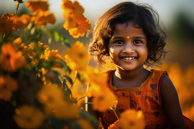 Retrato de uma menina no campo de flores