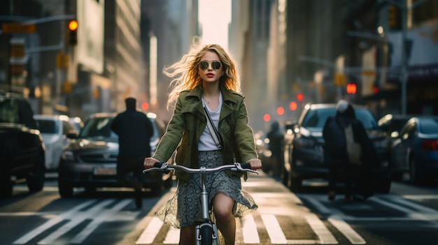 Foto grátis retrato de uma mulher andando de bicicleta em nova york