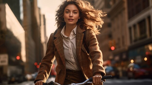 Retrato de uma mulher andando de bicicleta em Nova York