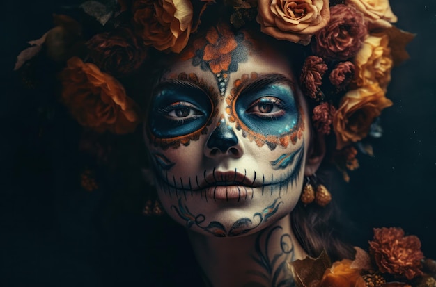 Foto grátis retrato de uma mulher com maquiagem de caveira de açúcar sobre fundo escuro fantasia e maquiagem de halloween retrato de calavera catrina generative ai