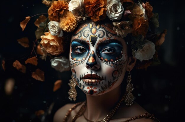 Foto grátis retrato de uma mulher com maquiagem de caveira de açúcar sobre fundo escuro fantasia e maquiagem de halloween retrato de calavera catrina generative ai