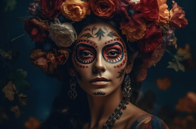 Foto grátis retrato de uma mulher com maquiagem de caveira de açúcar sobre traje de halloween de fundo escuro e retrato de maquiagem