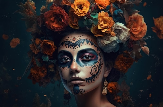 Retrato de uma mulher com maquiagem de caveira de açúcar sobre traje de halloween de fundo escuro e retrato de maquiagem