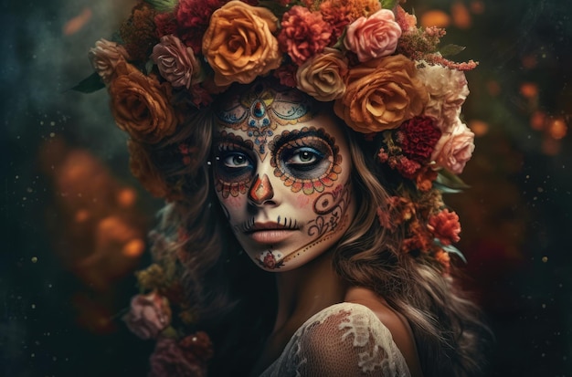 Foto grátis retrato de uma mulher com maquiagem de caveira de açúcar sobre traje de halloween de fundo escuro e retrato de maquiagem