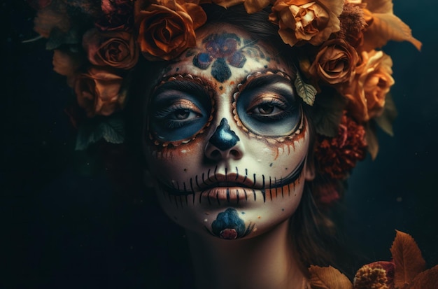 Foto grátis retrato de uma mulher com maquiagem de caveira de açúcar sobre traje de halloween de fundo escuro e retrato de maquiagem