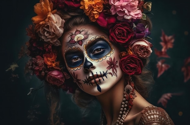 Foto grátis retrato de uma mulher com maquiagem de caveira de açúcar sobre traje de halloween de fundo escuro e retrato de maquiagem