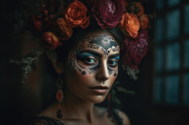 Foto grátis retrato de uma mulher com maquiagem de caveira de açúcar sobre traje de halloween de fundo escuro e retrato de maquiagem