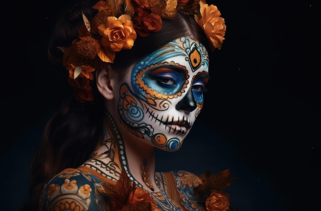 Retrato de uma mulher com maquiagem de caveira de açúcar sobre traje de halloween de fundo escuro e retrato de maquiagem