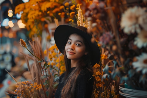 Retrato de uma mulher trabalhando em uma loja de flores secas