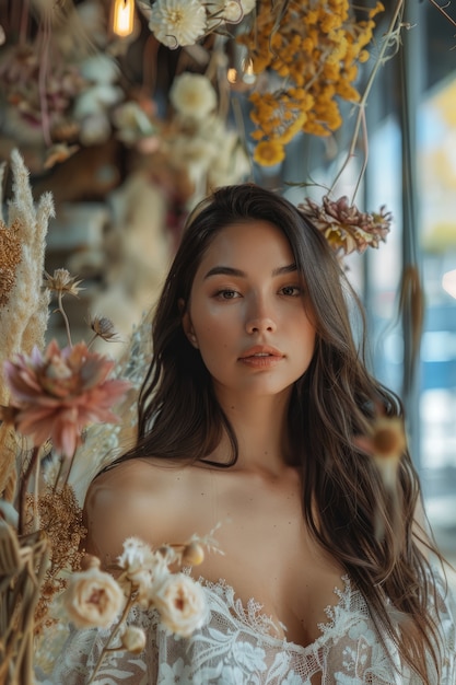 Retrato de uma mulher trabalhando em uma loja de flores secas