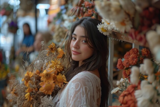 Retrato de uma mulher trabalhando em uma loja de flores secas