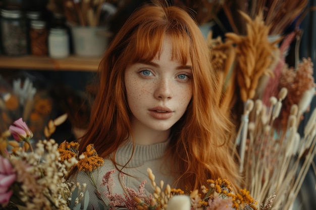 Foto grátis retrato de uma mulher trabalhando em uma loja de flores secas