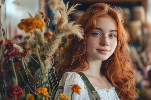 Foto grátis retrato de uma mulher trabalhando em uma loja de flores secas