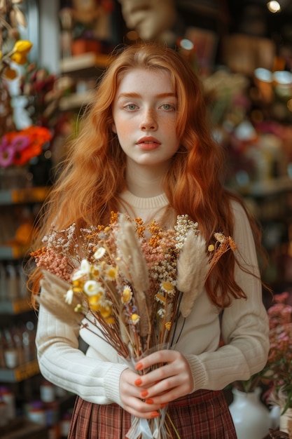 Retrato de uma mulher trabalhando em uma loja de flores secas