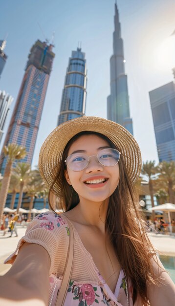 Retrato de uma mulher visitando a luxuosa cidade de Dubai