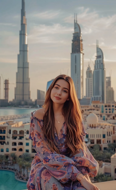 Retrato de uma mulher visitando a luxuosa cidade de Dubai