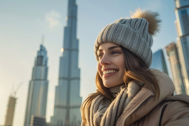 Retrato de uma mulher visitando a luxuosa cidade de Dubai