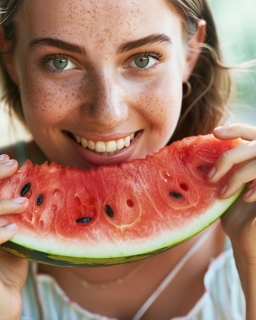 Foto grátis retrato de uma pessoa comendo melancia