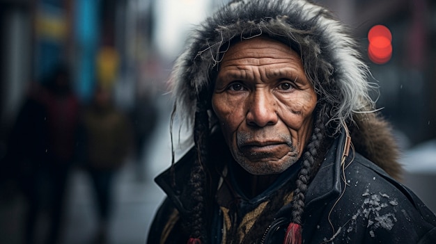 Retrato de uma pessoa indígena a integrar-se na sociedade