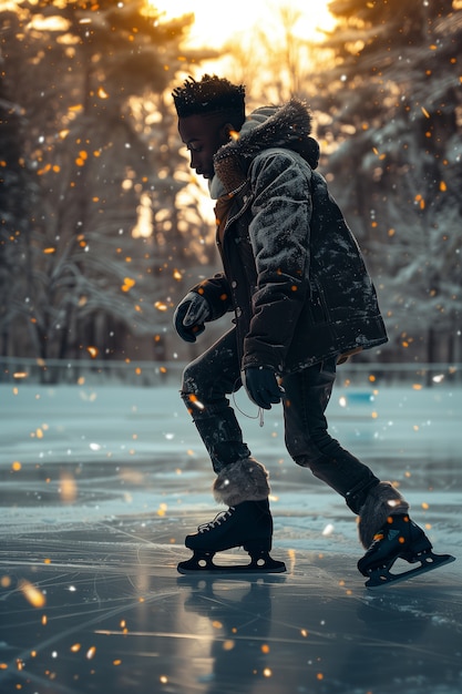 Foto grátis retrato de uma pessoa patinando no gelo ao ar livre durante o inverno