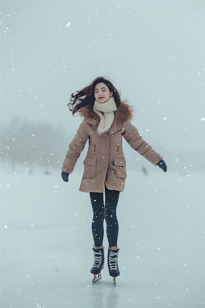 Retrato de uma pessoa patinando no gelo ao ar livre durante o inverno