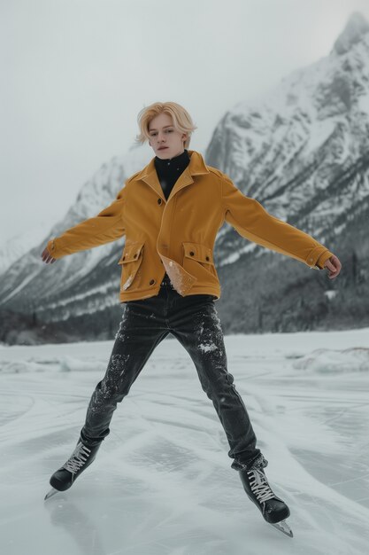 Retrato de uma pessoa patinando no gelo ao ar livre durante o inverno