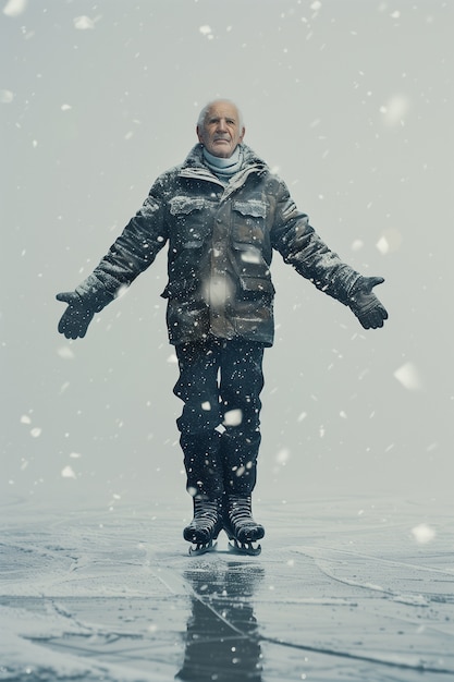 Retrato de uma pessoa patinando no gelo ao ar livre durante o inverno