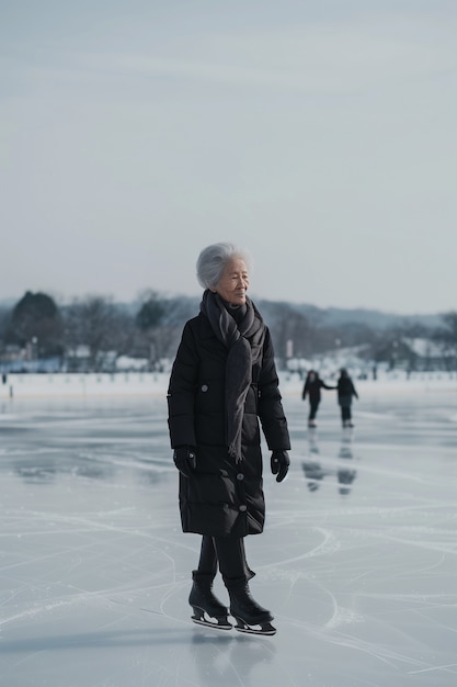 Retrato de uma pessoa patinando no gelo ao ar livre durante o inverno