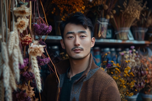 Foto grátis retrato de uma pessoa trabalhando em uma loja de flores secas