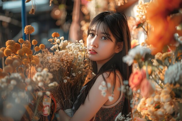 Retrato de uma pessoa trabalhando em uma loja de flores secas