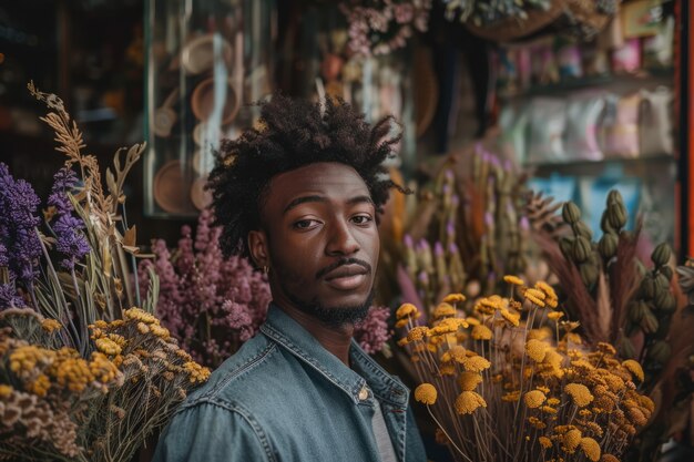 Retrato de uma pessoa trabalhando em uma loja de flores secas