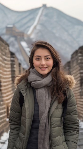 Foto grátis retrato de uma turista visitando a grande muralha da china
