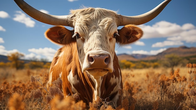 Retrato de uma vaca num campo com grama seca e céu azul