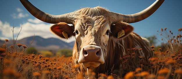 Retrato detalhado de uma vaca marrom com chifres grandes no campo
