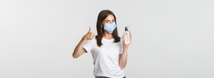 Foto grátis retrato do conceito de saúde e distanciamento social de uma jovem sorridente satisfeita com máscara médica