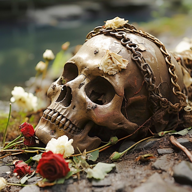 Retrato do crânio do esqueleto humano com vegetação