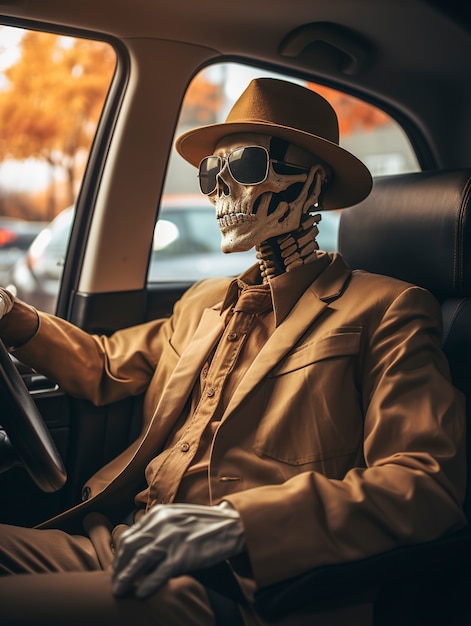 Foto grátis retrato do crânio do esqueleto humano, dirigindo o carro