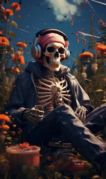 Foto grátis retrato do esqueleto humano ouvindo música