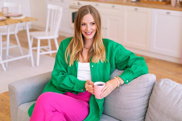 Foto grátis retrato do estilo de vida de uma mulher loira elegante relaxada em seu sofá, vestindo camisa de linho verde e calças fúcsia, bebendo café da manhã.