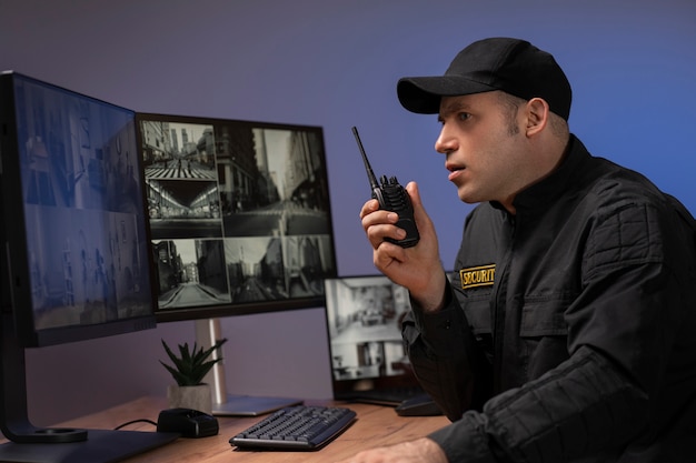 Retrato do guarda de segurança masculino com estação de rádio e telas de câmera