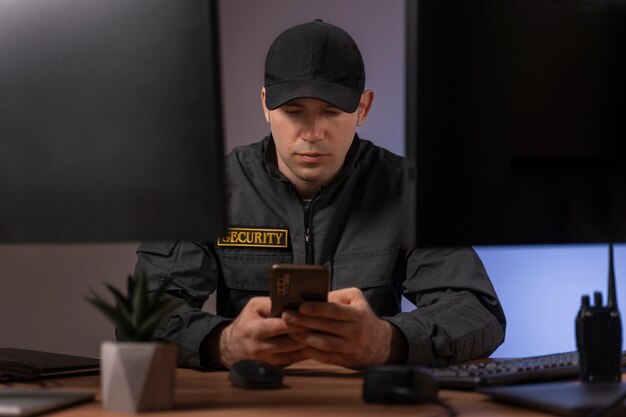 Retrato do guarda de segurança masculino com uniforme
