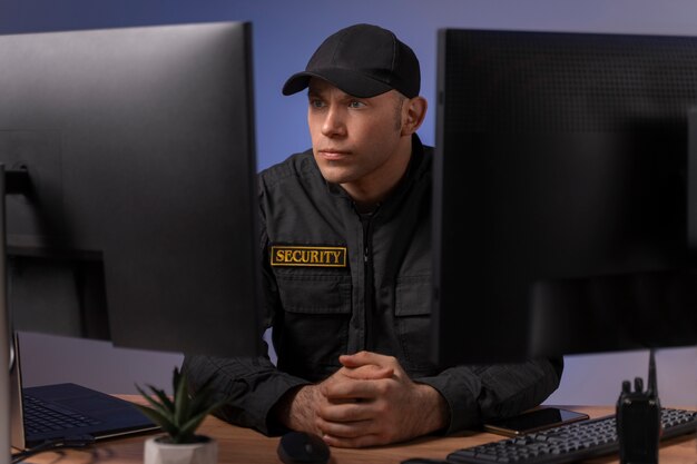 Retrato do guarda de segurança masculino com uniforme