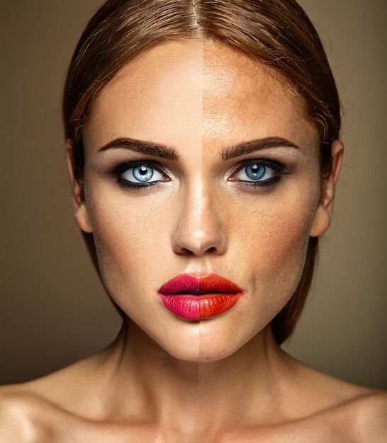 retrato do modelo de mulher bonita, antes e depois do retoque