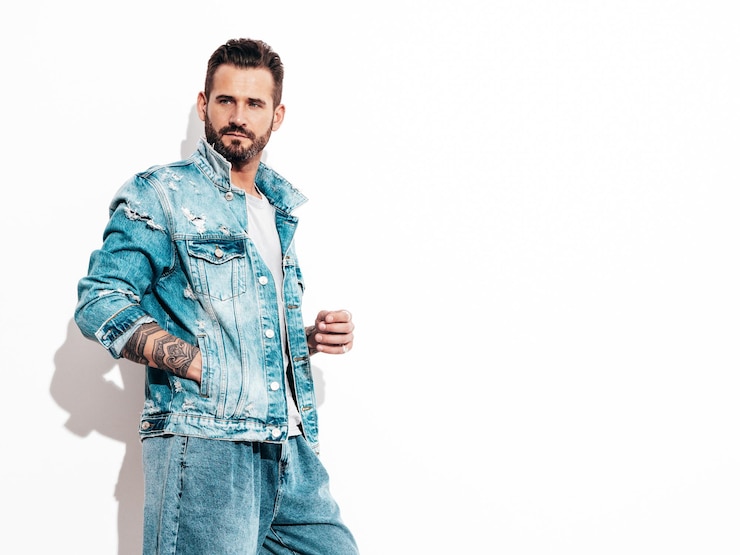 Foto grátis retrato do modelo lambersexual elegante hipster confiante bonito homem sexy vestido com jaqueta jeans moda masculina isolada na parede branca no estúdio