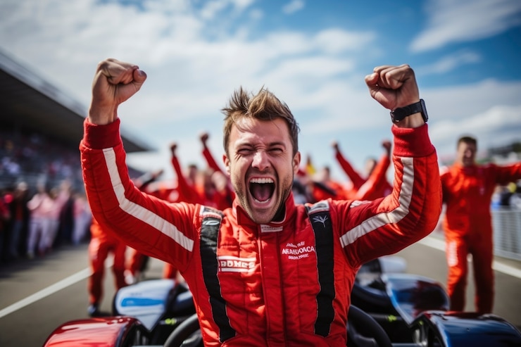 Foto grátis retrato do piloto de carro de corrida masculino vitorioso